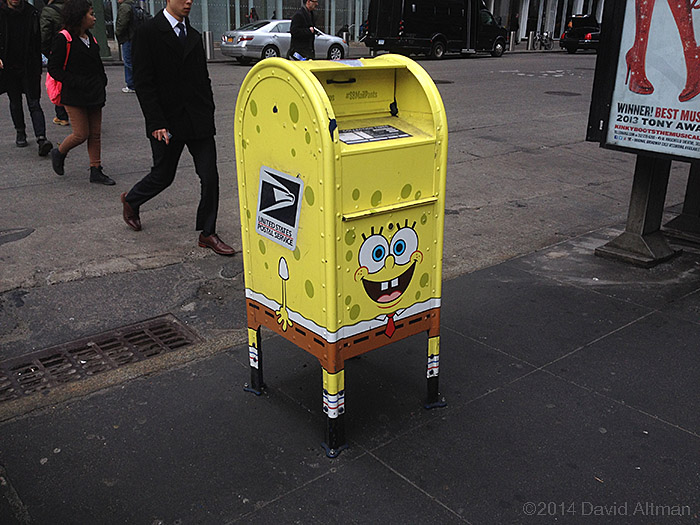 Photograph of a mailbox dressed to look like SpongBob MailPants.